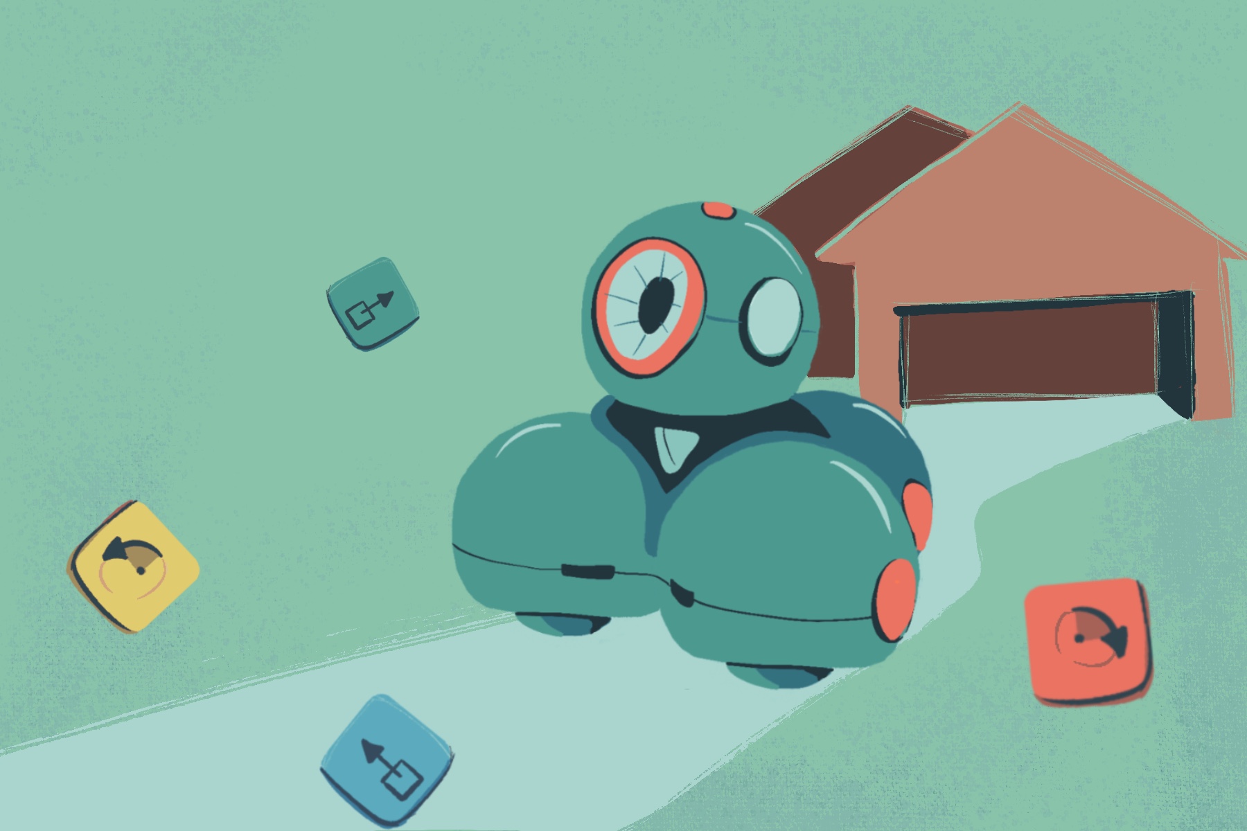 Illustration of Dash surrounded by action blocks on driveway to a house